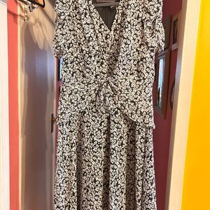 Karl Lagerfeld Black and White Floral Midi Dress with peplum & tie